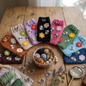 May include: A collection of colorful, knitted phone cases adorned with embroidered bees, butterflies, and flowers. The cases are arranged on a wooden table with a bowl of yarn, scissors, and decorative bee and flower accents. The cases are in various colors.