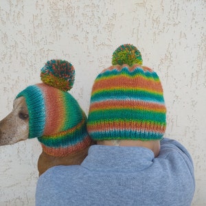 Set of warm wool hats with pom-pom for mom and dachshund, set of knitted hats with pom-pom for hostess and dog image 6