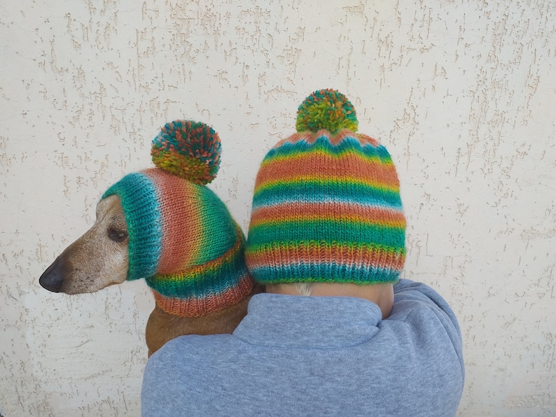 Set of warm wool hats with pom-pom for mom and dachshund, set of knitted hats with pom-pom for hostess and dog image 6