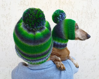 Set of hats for mom and dog with pompom