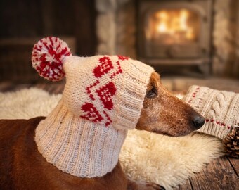 Gorro con pompón de corazones para perro, ropa de fiesta de diseñador para mascotas, gorro de lana cálido de invierno para perro salchicha con patrón, regalo para amantes de los perros