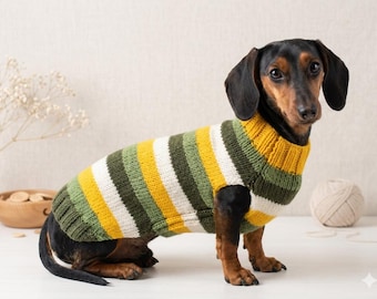 Handmade Knitted Dachshund Sweater, Striped Dog Pullover for Weenie Dogs, Sausage Clothes, Custom Miniature Dachshund Wool Coat, Dog Gift