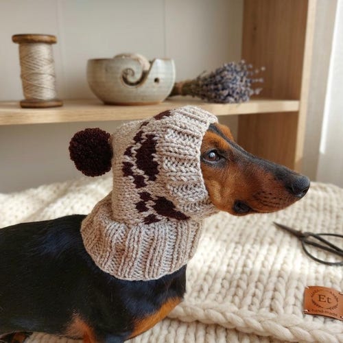 Paw Print Dog Hat PomPom, Designer Pet Party Clothes outfit, Warm Winter knitted Dachshund cap with Pattern, gift for dogs lover