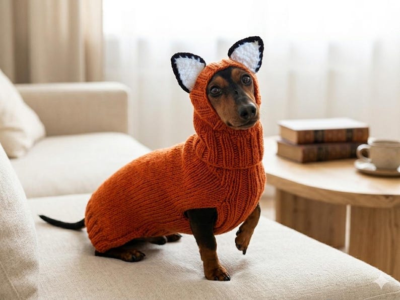 May include: A dachshund dog wearing an orange knitted fox costume with a hood and ears. The dog is sitting on a cream-colored sofa, with a wooden table and books in the background. The dog's tail is black.