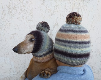 Mistress and dog set of knitted hats with pompom, women's hat and hat for dog