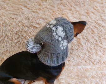 Paws clothes hat for dachshund or small dog,hat print paws with pom pom for dog,clothes with paws for dogs