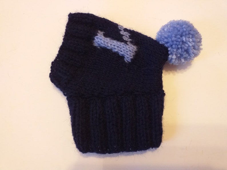 May include: A navy blue knitted hat with a light blue pom-pom and a light blue embroidered design. The hat has a folded brim and a textured knit pattern. The design appears to be a stylized animal.