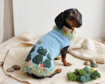 May include: A dachshund wearing a light blue knitted dog sweater with a frog design. The sweater has a colorful trim and a small butterfly accent. The dog is wearing a beige collar.