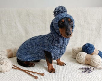 Alpaca kabelgebreide teckel kostuum trui met muts en pompon handgemaakte set voor kleine hond