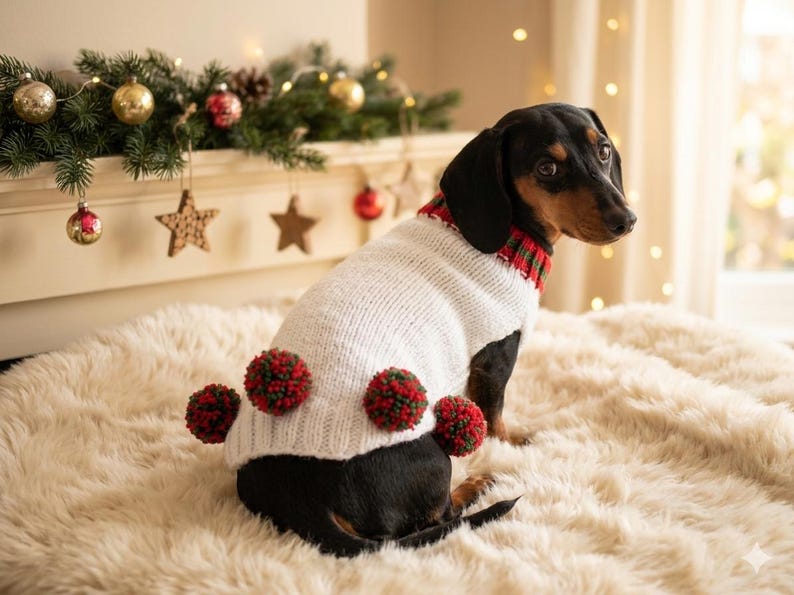 Puede incluir: Un perro salchicha negro y canela con un su&eacute;ter blanco tejido con pompones rojos y verdes. El perro est&aacute; sentado sobre una alfombra esponjosa de color crema. Decoraciones navide&ntilde;as en el fondo.