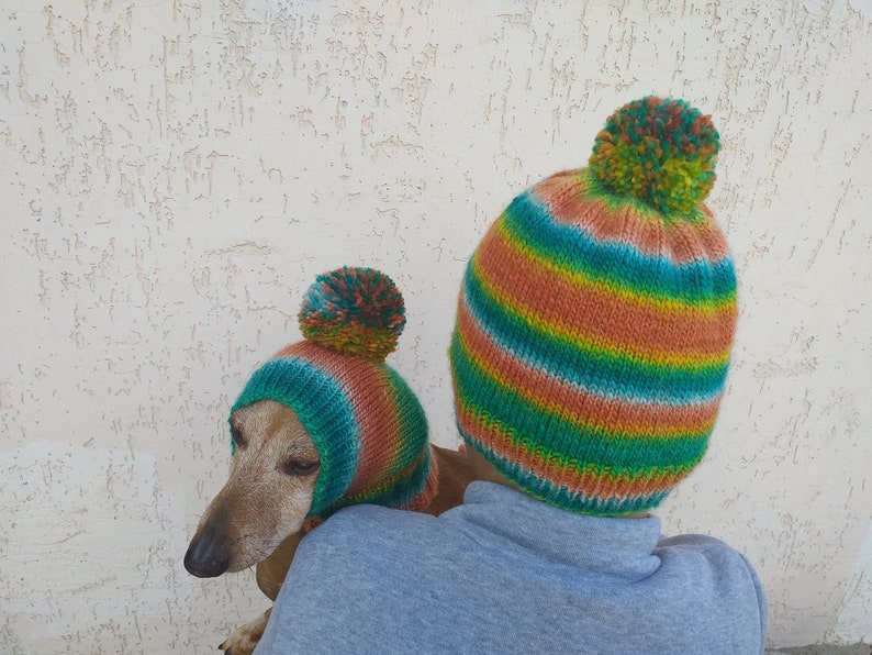 Set of warm wool hats with pom-pom for mom and dachshund, set of knitted hats with pom-pom for hostess and dog image 3