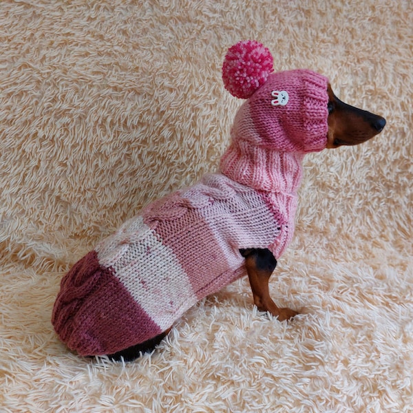 Wool coat with hat with rabbit for pets - winter wool suit for dogs - dachshund warm clothes set sweater and hat