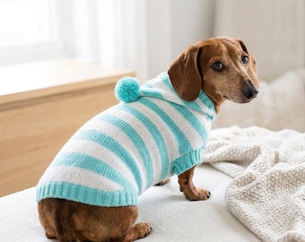 Bluza z kapturem dla psa w paski z pomponem, zimowy płaszcz dla zwierząt, niestandardowy ciepły sweter z dzianiny, bluza z jamnikiem, prezent dla miłośnika psów