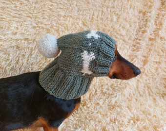 Snood hat wool for dogs with bones and pompom - warm dog ears wool hat-dachshund clothes snood hat with bones