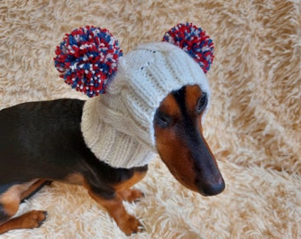 Pet hat with two tricolor pom poms, dachshund dog warm clothes outfit hat with pom poms