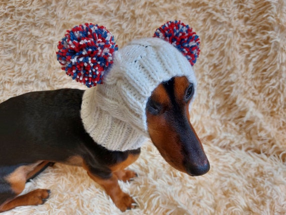 Pet Hat With Two Tricolor Pom Poms, Dachshund Dog Warm Clothes Outfit Hat  With Pom Poms 