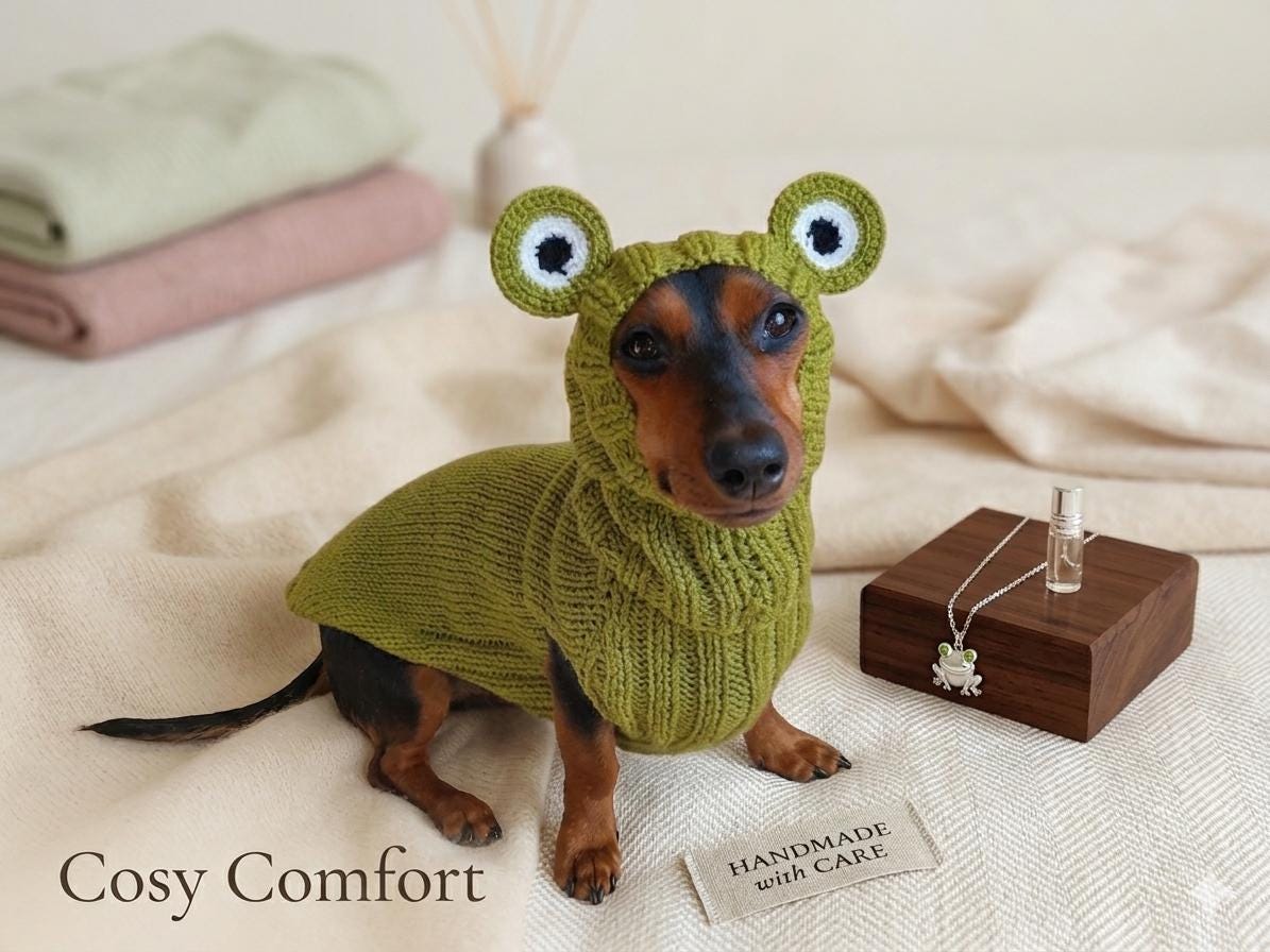 Frog Dog Costume Sweater and Hat Original Pet Outfit Knitted Warm