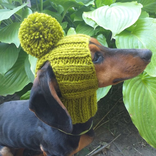 Dog Snood with Pom Pom, Open Ear Dog Hat, Chunky Knit Puppy Beanie, Dachshund Winter Accessories Warm Dog Headwear Cute Pet Photography Prop