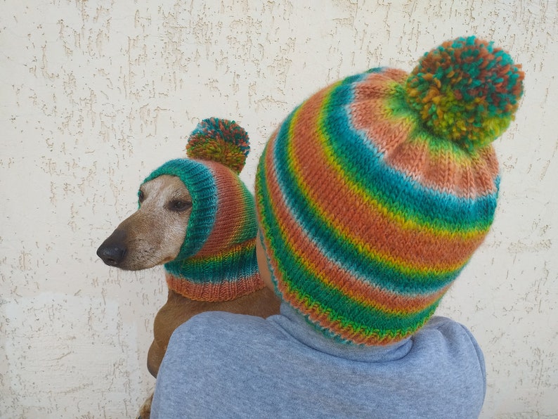 Set of warm wool hats with pom-pom for mom and dachshund, set of knitted hats with pom-pom for hostess and dog image 5