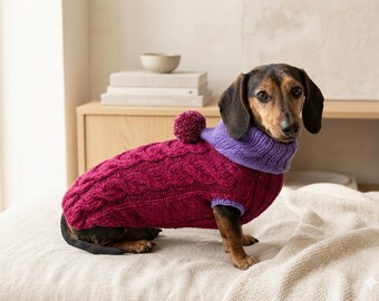 Cozy Dachshund Sweater, Hand Knit Cable Jumper for Doxie, Winter Wiener Dog Clothes, Custom Pet Apparel, Magenta Purple Knitwear for Dogs