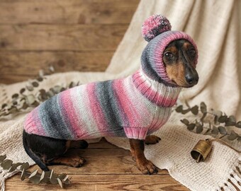 Handmade Dachshund Sweater with Hat and Pom Pom, Knitted Dog Hoody, Custom Dog Clothes, Warm Winter Weiner Dog Outfit, Small Dog Pet Gift