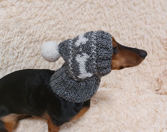 Snood hat wool for dogs with bones and pompom - warm dog ears wool hat-dachshund clothes snood hat with bones