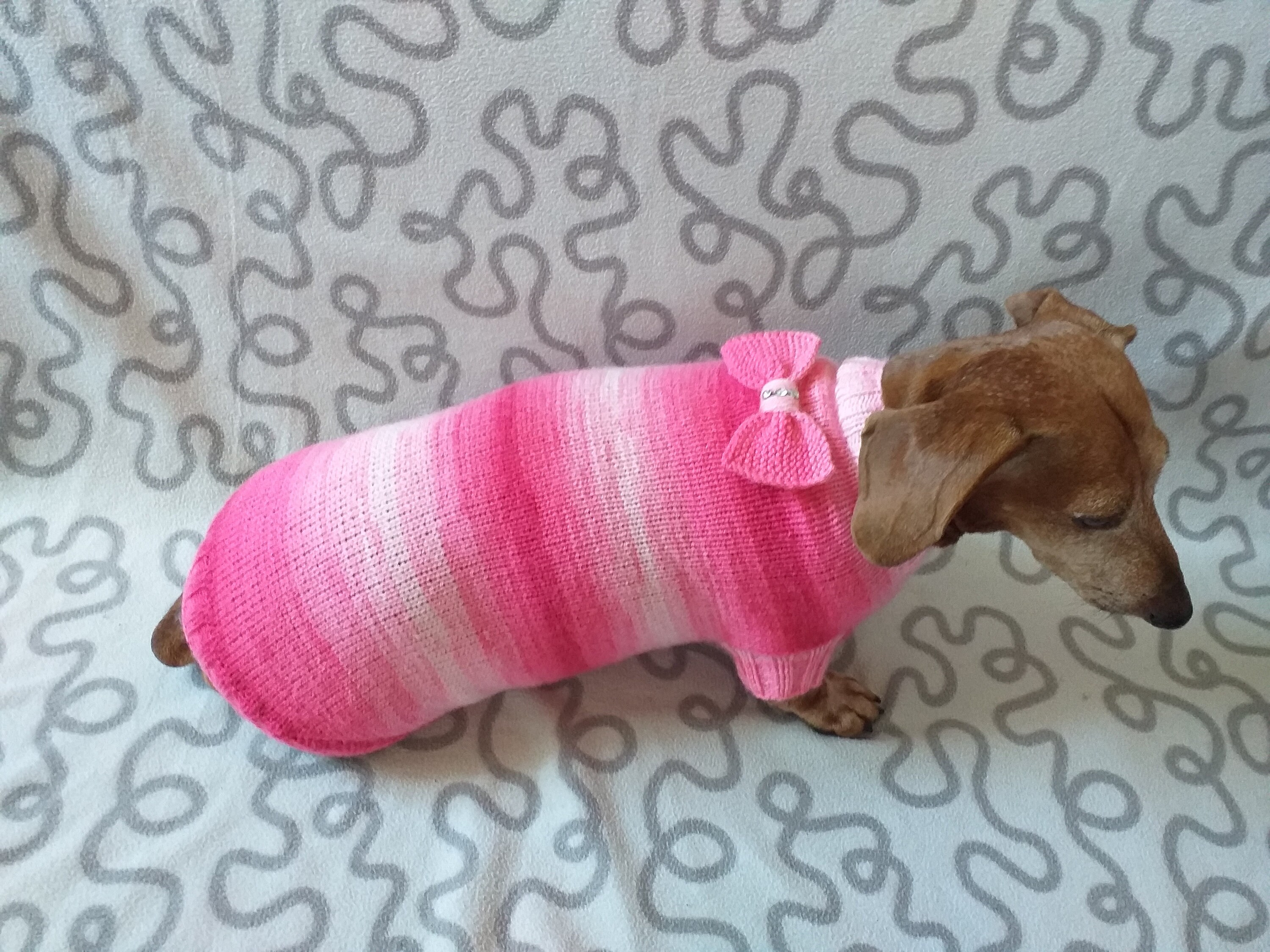 【はこぽす対応商品】 洋服ソーセージ犬用リボン付きピンクセーター、犬用リボン付き トップス