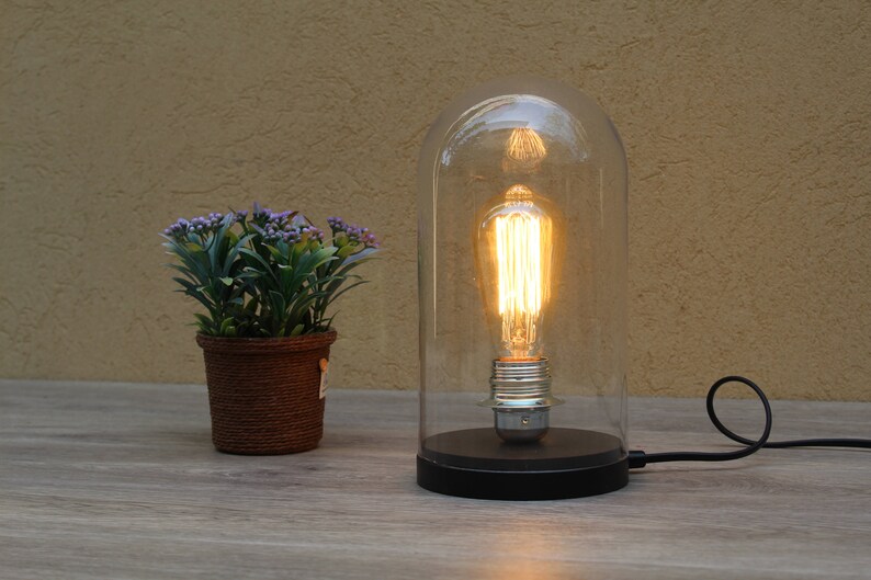 Black Bell Jar Victorian Vintage Style Edison Bulb Table Lamp Glass Dome Desk Bedroom