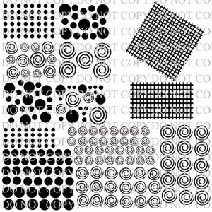 May include: A digital sheet of 10 different patterns, including polka dots, spirals, and grids. The patterns are black and white.