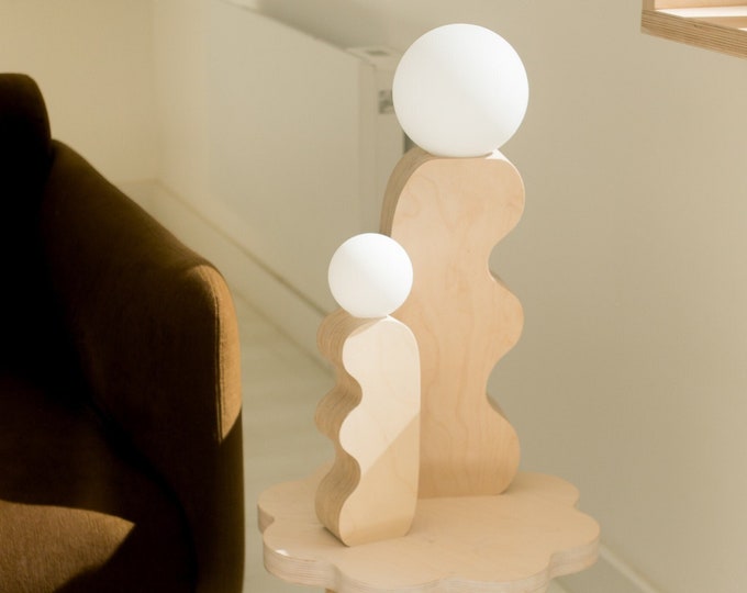 Small wooden table lamp organic shape ripple round glass globe