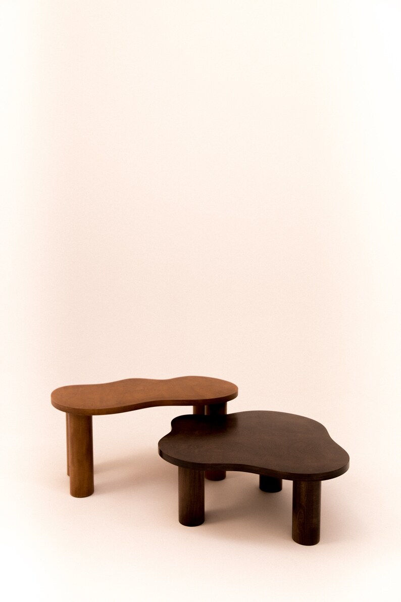 May include: Two wooden coffee tables with irregular, organic shapes. The top table is brown and the bottom table is dark brown.