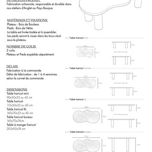 May include: Line drawing of a table with a unique, organic shape. The table is called "Haricot" and is available in five sizes: mini, normal, XL, bureau, and a dining table. The dimensions of each size are listed in centimeters.