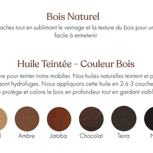 Może przedstawiać: Grafika z tekstem w języku francuskim i pr&oacute;bkami kolor&oacute;w ilustrującymi wykończenia drewna. Tekst opisuje "Bois Naturel" i "Huile Teint&eacute;e - Couleur Bois". Opcje kolor&oacute;w to "Miel", "Ambre", "Jatoba", "Chocolat", "Terra" i "Noir".