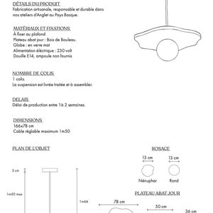 Puede incluir: Un dibujo de l&iacute;nea de una l&aacute;mpara colgante llamada "Suspension N&eacute;nuphar" con un globo redondo y una pantalla plana en forma de hoja. El dibujo muestra las dimensiones de la l&aacute;mpara, incluyendo el di&aacute;metro del globo (12 cm), el ancho de la pantalla (78 cm) y la longitud del cable (1,5 m).