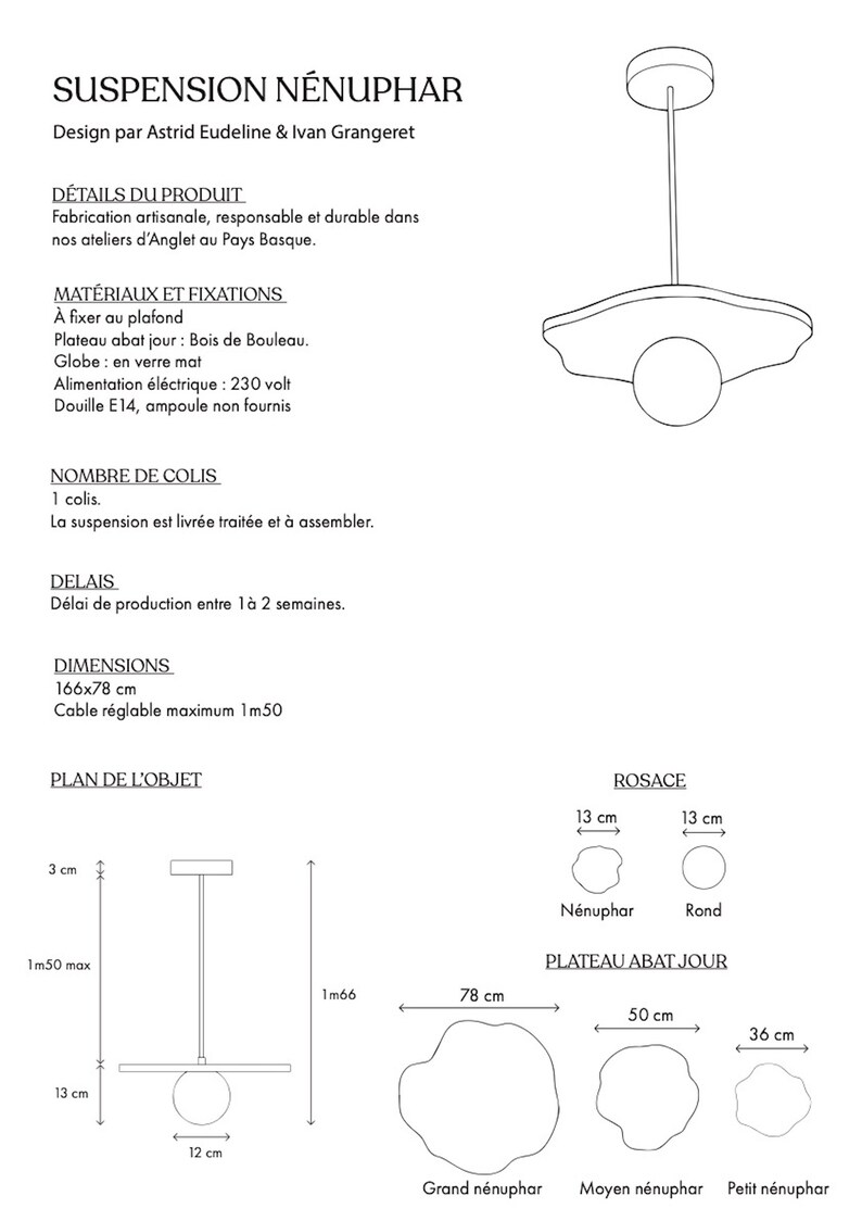 Puede incluir: Un dibujo de l&iacute;nea de una l&aacute;mpara colgante llamada "Suspension N&eacute;nuphar" con un globo redondo y una pantalla plana en forma de hoja. El dibujo muestra las dimensiones de la l&aacute;mpara, incluyendo el di&aacute;metro del globo (12 cm), el ancho de la pantalla (78 cm) y la longitud del cable (1,5 m).