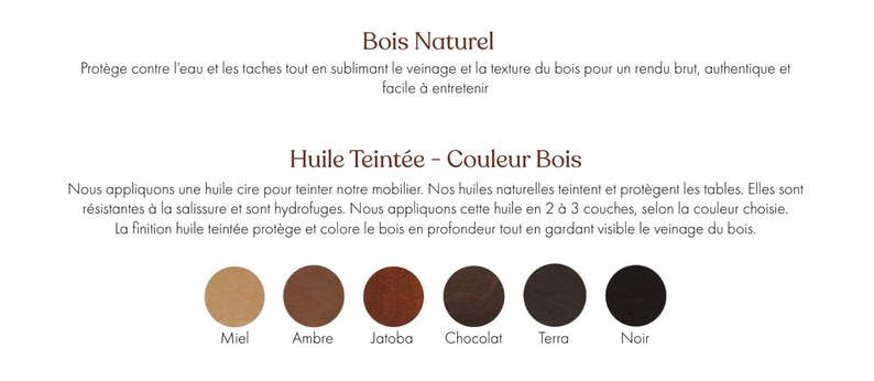 Op de afbeelding: Een afbeelding met Franse tekst en kleurstalen die houtafwerkingen illustreren. De tekst beschrijft "Bois Naturel" en "Huile Teint&eacute;e - Couleur Bois". Kleuropties zijn "Miel", "Ambre", "Jatoba", "Chocolat", "Terra" en "Noir".