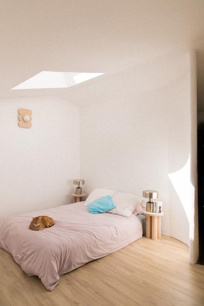 May include: A pink bed with a cat sleeping on it. There are two bedside tables with lamps on them. The room has a white ceiling with a skylight and white walls.
