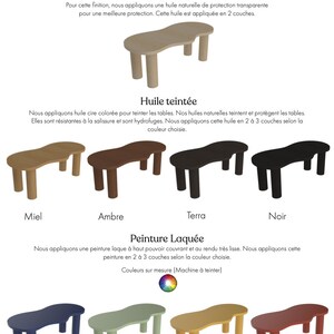 May include: A guide to different finishes for wooden tables. The finishes include natural wood oil, stained wood, and lacquered paint. The image shows examples of each finish on small tables in various colors, including honey, amber, terra, black, blue, green, and orange.