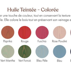 May include: A color palette of wood stain colors, including orange, red, pink, and blue, with the text "Huile Teint&eacute;e - Color&eacute;e" at the top. The image displays a variety of circular color swatches, showcasing different shades for wood staining projects.