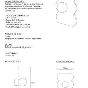 May include: A line drawing of a wall-mounted light fixture with a round globe. The fixture is labeled "Applique Bubble" and includes dimensions in centimeters. The text "Plateau Abat Jour" is also included.