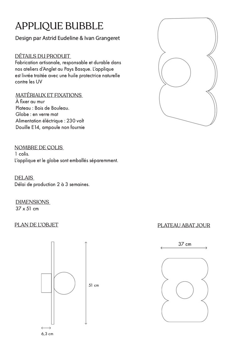 May include: A line drawing of a wall-mounted light fixture with a round globe. The fixture is labeled "Applique Bubble" and includes dimensions in centimeters. The text "Plateau Abat Jour" is also included.