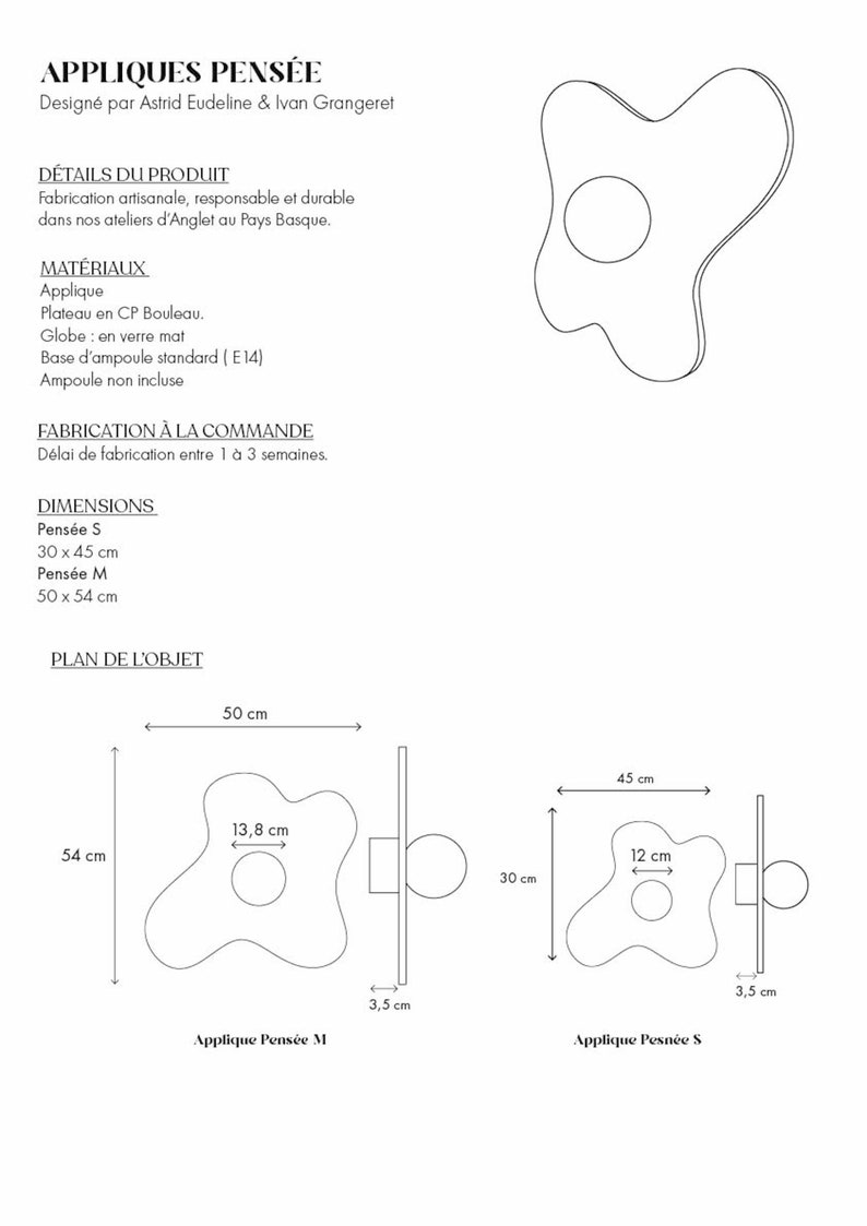 Pu&ograve; includere: Disegno a linea di due applique da parete a forma di uovo. L'applique pi&ugrave; grande misura 13,8 cm di larghezza e 54 cm di altezza. L'applique pi&ugrave; piccola misura 12 cm di larghezza e 30 cm di altezza. Entrambe le applique hanno un'apertura circolare al centro. Il testo "Applique Pens&eacute;e M" &egrave; sotto l'applique pi&ugrave; grande e "Applique Pens&eacute;e S" &egrave; sotto l'applique pi&ugrave; piccola.