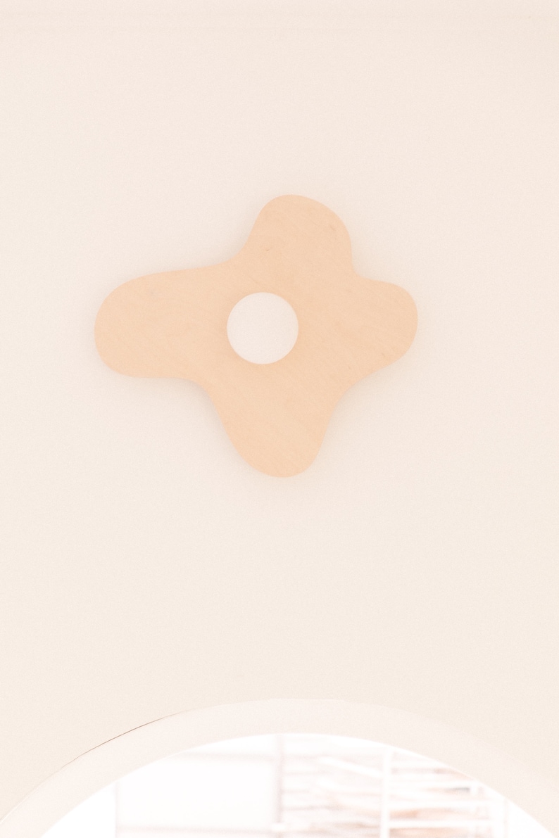 Pu&ograve; includere: Un decoro da parete di forma irregolare rosa chiaro con un cerchio bianco al centro. Il decoro &egrave; montato su una parete bianca.