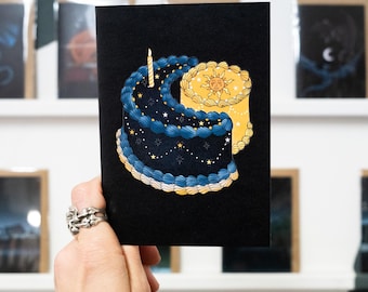 Sun & Moon Goth Birthday Card – Celestial Cake Illustration, Alternative Birthday Greetings