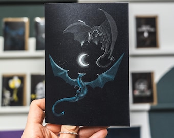 Dragons in Love With Crescent Moon Couple Card  - valentines, anniversary, goth card, alternative, fantasy