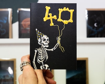 40th Gothic Birthday Card: Balloon Skeleton, Recycled Paper