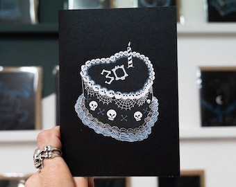 Gothic 30th Birthday Card: Skull Cake, Emo Style