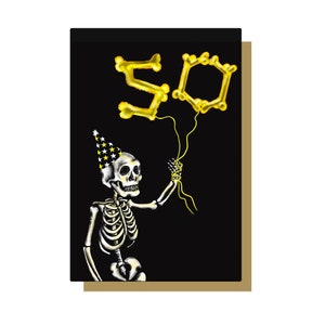 50e carte d'anniversaire gothique squelette ballon - joyeux anniversaire, carte gothique, carte tête de mort, carte Emo