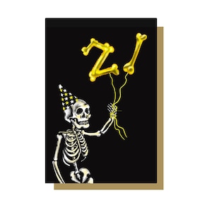21e carte d'anniversaire gothique squelette ballon, vingt et un, joyeux anniversaire, carte gothique, carte tête de mort, carte Emo