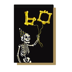 60e carte d'anniversaire gothique squelette ballon - joyeux anniversaire, carte gothique, carte tête de mort, carte Emo